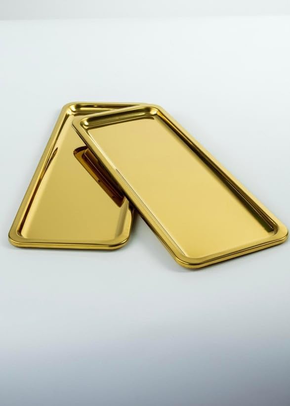 Elegant Stainless Steel Rectangular Serving Tray, Mirror Finish Coffee Tea Platter, Silver, 13 x 5.12 Inch, for Cafe, Home Desserts Long Metal Plate for Café, Home, Gift Bahtroom Tray Gold