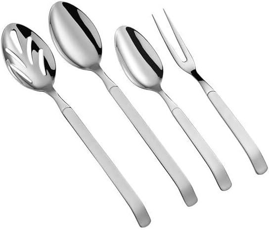 Skyscraper 4-Piece Serving Utensils Set, 18/8 Stainless Steel, Extra Heavy Weight, Silver, Brushed Satin and Mirror Polished Finish, Dishwasher Safe