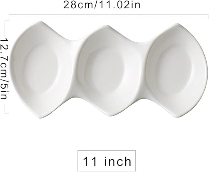 Sauce Dish 19 Oz Sauce Dish White Ceramic 3 Compartment Divided Appetizer Plates Soy Sauce Dipping Dishes Ketchup Vinegar Appetizer or Snack Dessert Condiments Dipping Bowls (11.02x5x1.57in)