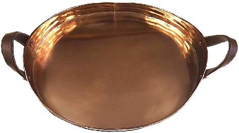 Large Copper Plated Stainless Steel Serving Tray With Comfortable Faux Leather Handle | Ornate Decorative Tray | Serving Meals, Appetizers & Beverages | Kitchen Countertop - 17" x 13" x 3.5"