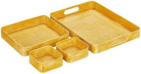 mDesign Nesting Hammered Stainless Steel Tray Set with Handles - Decorative Serving Trays for Entertaining - Holds Food, Tea, or Coffee - Metal Serving Platter for Breakfast Table - Set of 4 - Yellow
