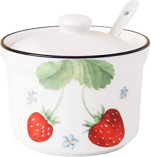 Ceramic Strawberry Sugar Bowl Storage Jar with Lid and Spoon,1pcs