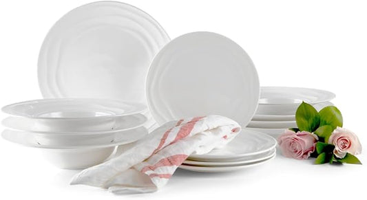 12-Piece White Bone China Dinnerware Set for 4 - Dishwasher Safe and Chip-Resistant Dinner Plates