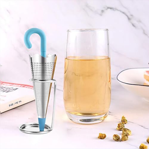 Numola 2Pcs Reusable Umbrella Tea Infuser with Drip Tray for Tea Cups, Mugs and Teapots, Stainless Steel Fine Mesh Tea Strainer with Silicone Lid for Loose Tea (Red & Blue)
