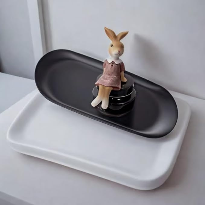 [2pk] Decorative Tray, Perfume Bathroom Jewelry Vanity Mirror Candle Trinket Towel Pallet, Small Metal Stainless Steel Tray, Oval, XL 9 x 3.7 x 0.5 in (2BLACK-Tray-XL)
