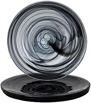 Vikko Dinner Plates, Set of 4 Black Alabaster Plates, 11" Plate with Marbelized, Swirl Design, Elegant Glass Plate, Dishwasher Safe
