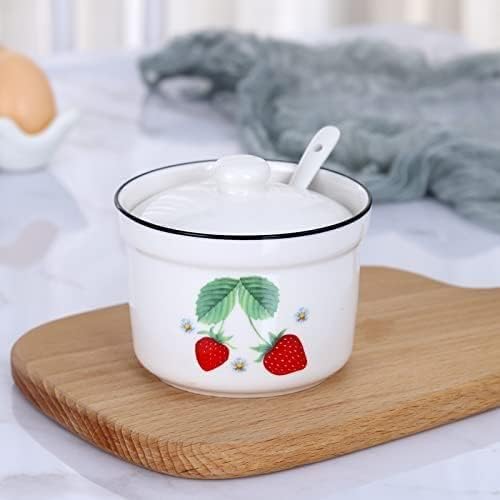 Ceramic Strawberry Sugar Bowl Storage Jar with Lid and Spoon,1pcs
