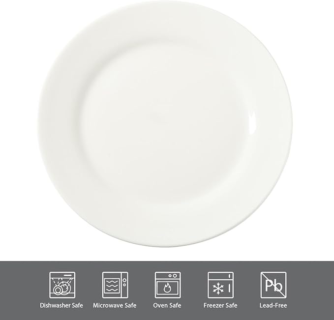 Classic White Ceramic Dinner Plates, 8 Inch Round, Dishwasher Microwave Oven Freezer Safe, Lead-Free, Set of 6
