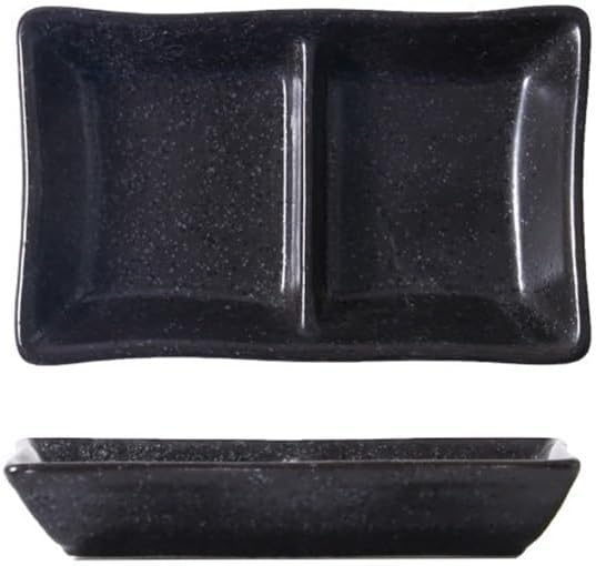 Appetizer Plates Double-grid Ceramic Soy Sauce Plate Barbecue Seasoning Dipping Dish Divide Sushi Meals Dishes for Condiment(Black)