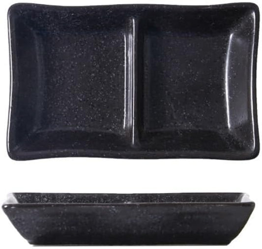 Appetizer Plates Double-grid Ceramic Soy Sauce Plate Barbecue Seasoning Dipping Dish Divide Sushi Meals Dishes for Condiment(Black)