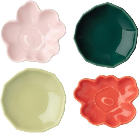 MARIMEKKO Unikko & Kivet Small Plates Set of 4 – Refine Your Table Décor with Iconic Pink, Pear, Orange Red & Dark Green Stoneware – Stylish Ceramic Plates for Snacks, Condiments & Jewelry (3.5”)