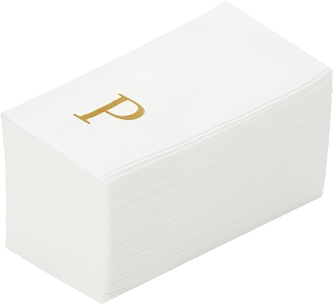 Luxenap 15.8 X 7.9 Inch Linen-Feel Guest Towels, 50 Lettered Hand Towels - Gold Letter 'P', Sans Serif Font, White Paper Dinner Napkins, airlaid, For Restrooms And Tables