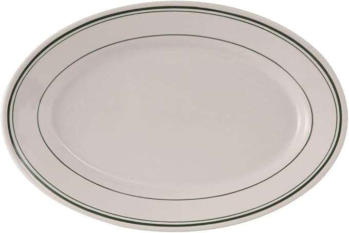 Tuxton China TGB-014 Platter, 12-5/8" x 8-3/4", Oval, Wide Rim, Rolled Edge, Microwave and Dishwasher Safe, Oven Proof, Fully Vitrified, Ceramic, Green Bay, Pack of 12