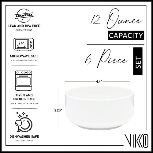 Vikko White Soup Bowls, Set of 6 for Kitchen, 12 Ounce Cereal Bowl, Small Ceramic Rice Bowls for Side Dishes, Dishwasher and Microwave Safe
