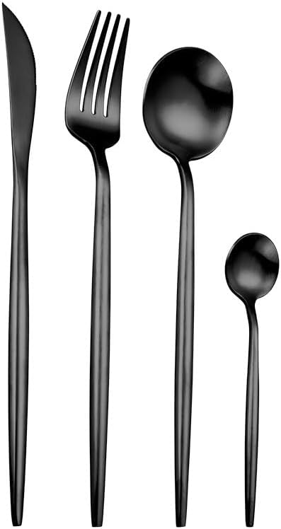 Silverware Flatware Cutlery Set, 4/16/24/32/40/48 Pieces Pink Gold 304 Stainless Steel Tableware Portuguese Cutlery Set Hotel Household Stainless Steel Tableware(Color:Black,Size:4Set-16Pcs)
