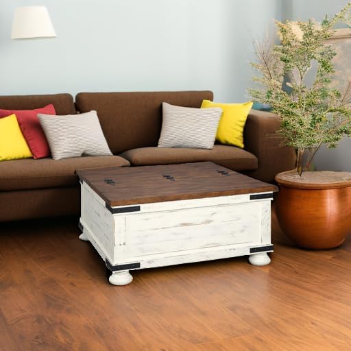 Signature Design by Ashley Wystfield Farmhouse Coffee Table with Storage, Hinged Lift Top, Wood, 36" W x 36" D x 18" H, Distressed White