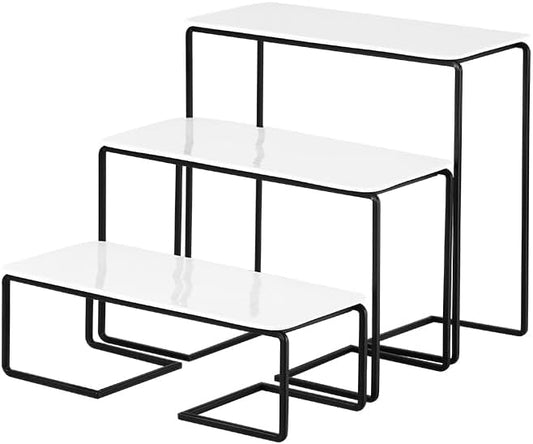 3 Tier Serving Tray, 12" x 4.5" White Plastic Tiered Food Serving Platters, Tiered Tray Stand for Party with Black Collapsible Metal Stand, Dessert Display Stands for , cupcake stands