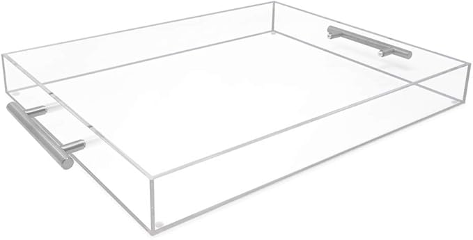 Isaac Jacobs Clear Acrylic Serving Tray (14x18) with Silver Metal Handles, Spill-Proof, Stackable Organizer, Food & Drinks Server, Indoors/Outdoors, Lucite Storage (14x18, Clear with Silver Handle)