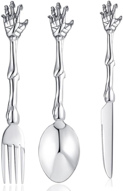 Stainless Steel Flatware Tableware Modern Look Great Gifts For Halloween Easter and Christmas (Silver, SKELETON HAND)