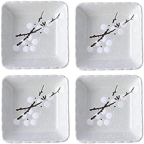 Ceramic Flower Shaped Sauce Dish Sushi Dipping Bowl Appetizer Plates Porcelain Serving Dish Seasoning Dishes,Plum blossom Set of 4 (Light-White-Rect)