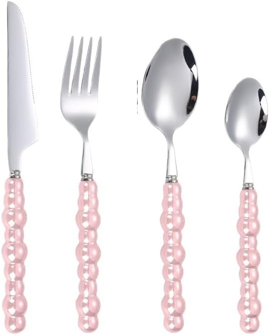 Silverware Flatware Cutlery Set, 4/16/24/32 Pieces 304 Stainless Steel Knives, Forks And Spoons, Creative Pearl Ceramic Handle Tableware, Steak Knives, Forks, Dessert Spoons(Pink,8Set-32Pcs)