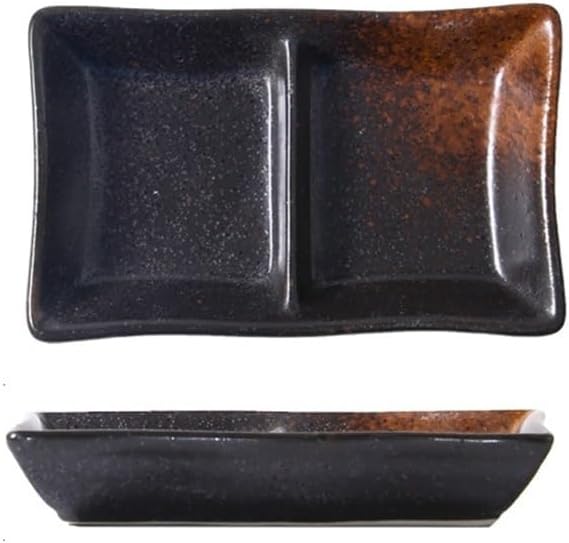 Appetizer Plates Double-grid Ceramic Soy Sauce Plate Barbecue Seasoning Dipping Dish Divide Sushi Meals Dishes for Condiment(Black brown)