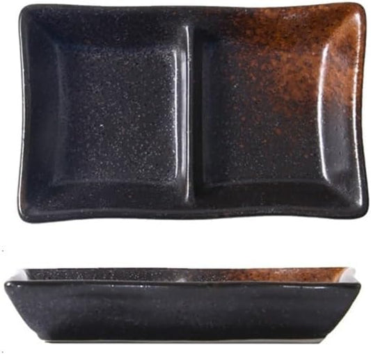 Appetizer Plates Double-grid Ceramic Soy Sauce Plate Barbecue Seasoning Dipping Dish Divide Sushi Meals Dishes for Condiment(Black brown)