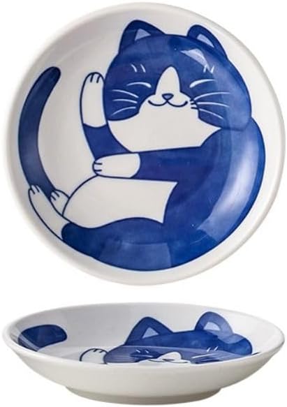 Japanese Sushi Sauce Plate Small Lucky Cat Pattern Soy Sauce Dish Mini Round Ceramic Glazed Plates for Appetizer Dessert Fruit(C)