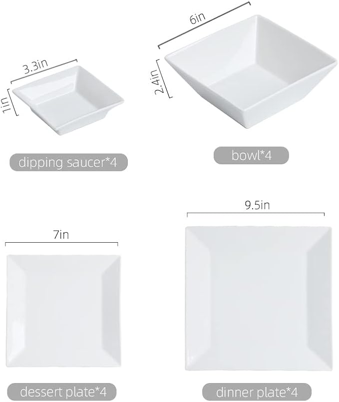 Porlien 16-Piece Classic Square Dinnerware Set for 4-Square Dinner Plates, Dessert Plates, Bowls & Dipping Saucers, Off White Dishes for 4