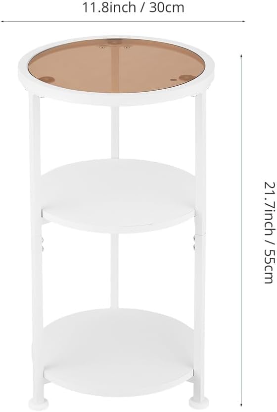 Glass Side Table, Tempered Glass Small Round Side Table with 3-Tier Storage Shelves for Small Spaces, Modern Glass Round End Table for Living Room, Bedside Table Nightstand for Bedroom (White)