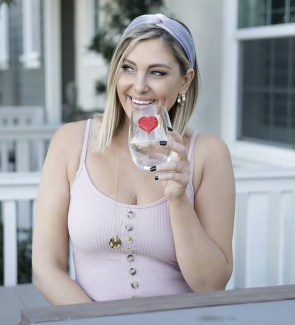 THE QUEENS' JEWELS Red Heart Jeweled Stemless Wine Glass, 21 oz. - Stunning and Dazzling Expression of Love Hand-Set Rhinestones Not Painted