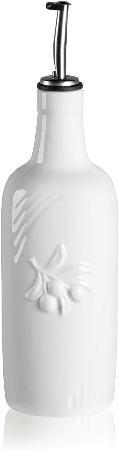 Sweejar Ceramic Olive Oil Dispenser Bottle, 17 FLOZ Oil Bottle with Spout，Porcelain Oil Dispenser for Kitchen,Cooking, Evoo, Vinegar, Soy Sauce, Pack of 1 (White)