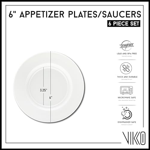 Vikko Appetizer Plate, Set of 6 Restaurant Style 6" Round Saucer Plates, Fine Porcelain Dessert Plate, Dishwasher Safe