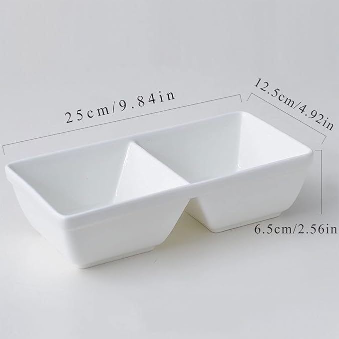 Appetizer Bowls White Poecelain Soy Sauce Dish 2 Compartment Appetizer Plate Tray Divided Dipping Sauce Dishes for Sushi Ketchup Appetizer Serving (9.84inch Salad Bowls