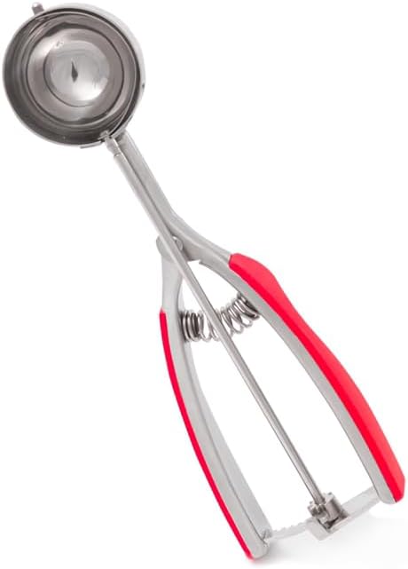 Ice Cream Scooper With Trigger - Stainless Steel Round Food Scooper For Ice Cream, Cupcake Batter, Mashed Potato And Rice Scoops - Medium Food Disher With Red Comfy Grip And Release Trigger