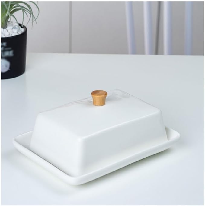 Butter Dish Creative European Style Simple Ceramic Butter Box with Lid Plate Dish Wooden Handle Snack(Small)