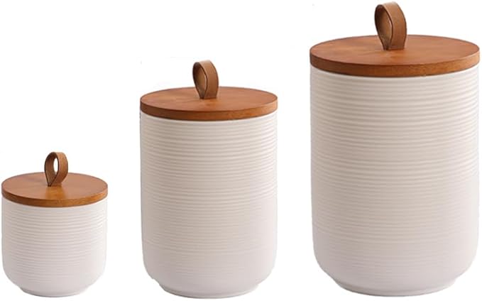 Simcat Ceramic Canister Set Kitchen Airtight Food Storage Jar with Bamboo Lids Coffee Sugar Tea Storage Containers (White three-piece with belt1)