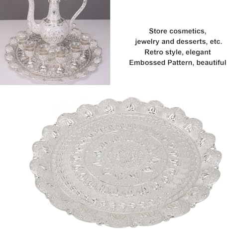 Jeanoko 1PCS 13.8" Serving Trays, Silver Metal Turkish Tea Coffee Serving Tray, Round Coffee Plate for Bar Outdoor Dresser Dessert