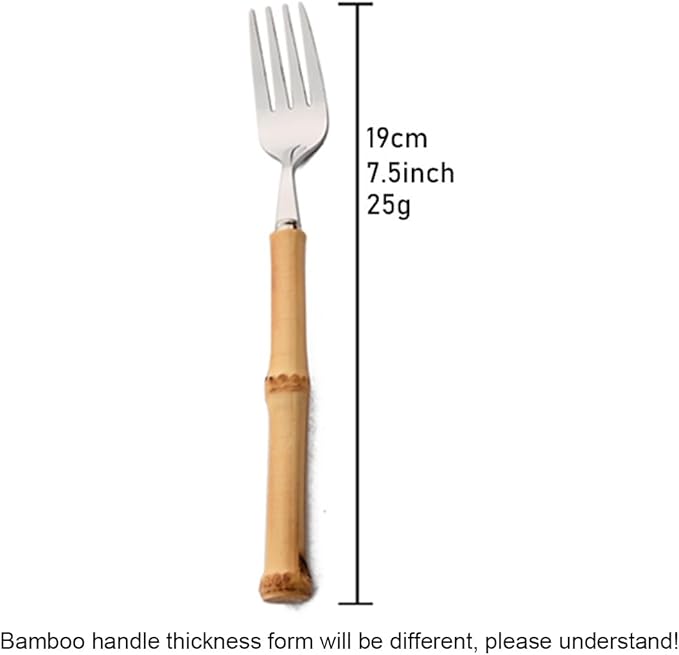 6-Piece Bamboo Silverware Set, Stainless Steel Flatware Hostess Serving Set Bamboo Utensils Tableware Set for Home Camping Travel Hotel - 6pcs Dinner Fork