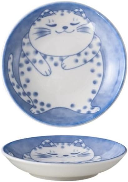 Japanese Sushi Sauce Plate Small Lucky Cat Pattern Soy Sauce Dish Mini Round Ceramic Glazed Plates for Appetizer Dessert Fruit(A)