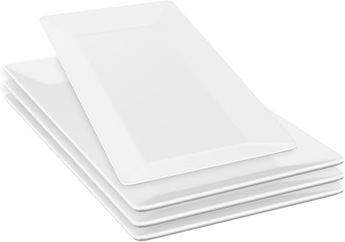 9.7" Rectangle Serving Plates, Ideal for Serving Your Favorite Platter Sized Perfectly for Appetizer, Sushi, Tapas, Taco, Dessert Platters, Raised Lip White Porcelain Tray - Set of 4
