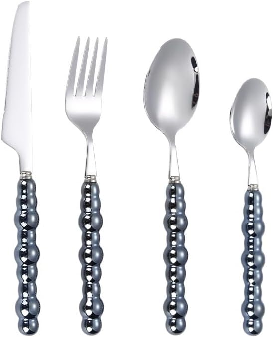 Silverware Flatware Cutlery Set, 4/16/24/32 Pieces 304 Stainless Steel Knives, Forks And Spoons, Creative Pearl Ceramic Handle Tableware, Steak Knives, Forks, Dessert Spoons(Black,1Set-4Pcs)
