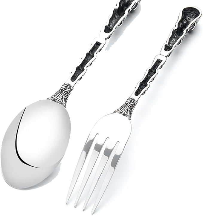 Skull Motif Serving Spoon Fork Set, Premium Stainless Steel Fork Spoon Silverware Set, Unique styles 3D Skulls, Dishwasher Safe, for Home, Kitchen, or Halloween Decorations