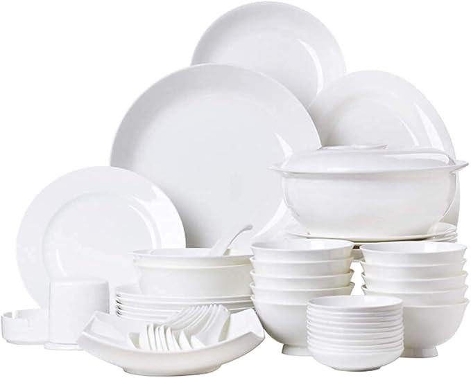 Ceramics Dinner Sets Plates/Bowls/Soup Pot | 56 Pieces Dinnerware Set White Microwave Tableware Safe - For Family Party Kitchen Restaurant