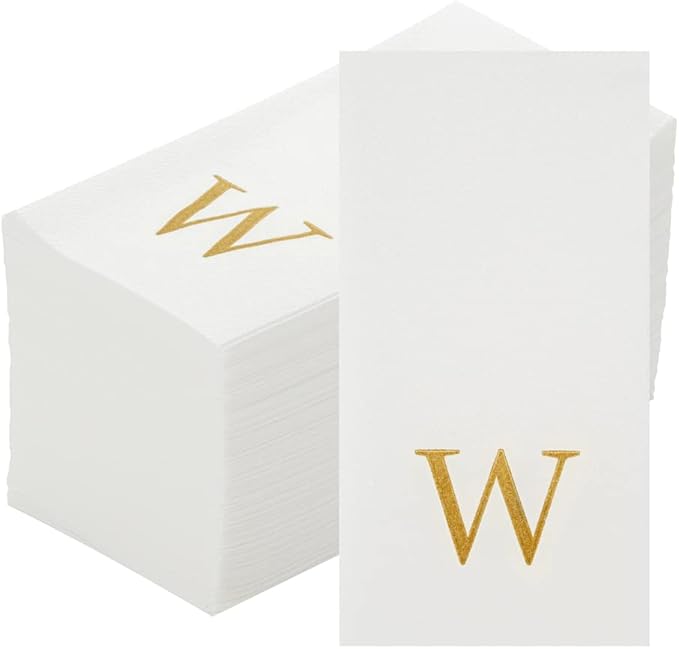 Luxenap 15.8 X 7.9 Inch Linen-Feel Guest Towels, 50 Lettered Hand Towels - Gold Letter 'W', Sans Serif Font, White Paper Dinner Napkins, airlaid, For Restrooms And Tables