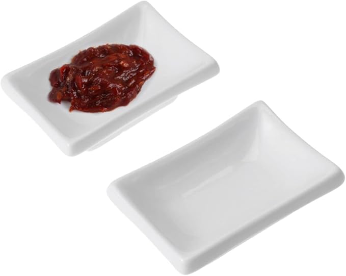 2pcs Pure White Ceramic Soy Sauce Dishes Rectangular Appetizer Serving Trays for Dipping Condiments and Dressings Stain-Resistant Snack Plates for Entertaining