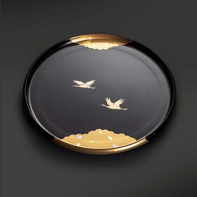 Wooden Tray Front Heavy Lacquer Resin Round Tray Japanese Handmade Crane Lacquer Tray Dry Tea Tray Tea Restaurant Dining Tray Serving Tray with Handles(A)