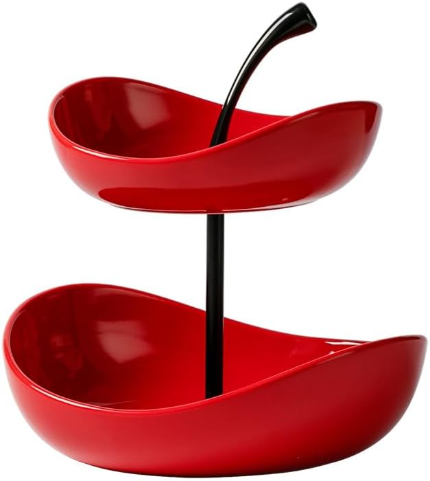 Ceramic Tiered Fruit Bowl, Cute Decorative Snack Plate for Coffee Table, Layer Dessert Tray for Kitchen Counter, Christmas Serving Fruit Display (Red-Double layer)