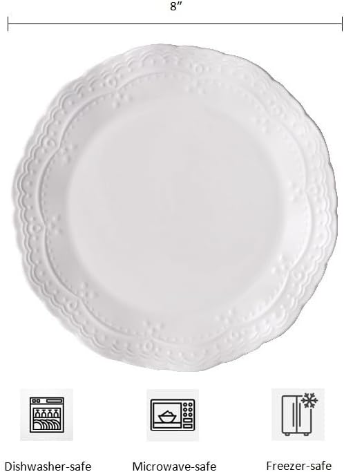Ceramic Dishes Set of 6,White Porcelain Dinner Plates,Heat Resistant,Scratch Resistant,Highly Glossy Glaze,Embossed,Dishwasher Safe,Microwave Safe,Oven Safe,8 Inch