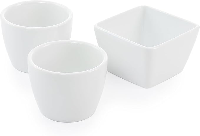 EFFETTO 3 Bowl Tidbit Set | 1 Square & 2 Round Bowls | On An Acacia Wood Tray | Ceramic | Great For Dips, Bite-Sized Sweets, and Snacks